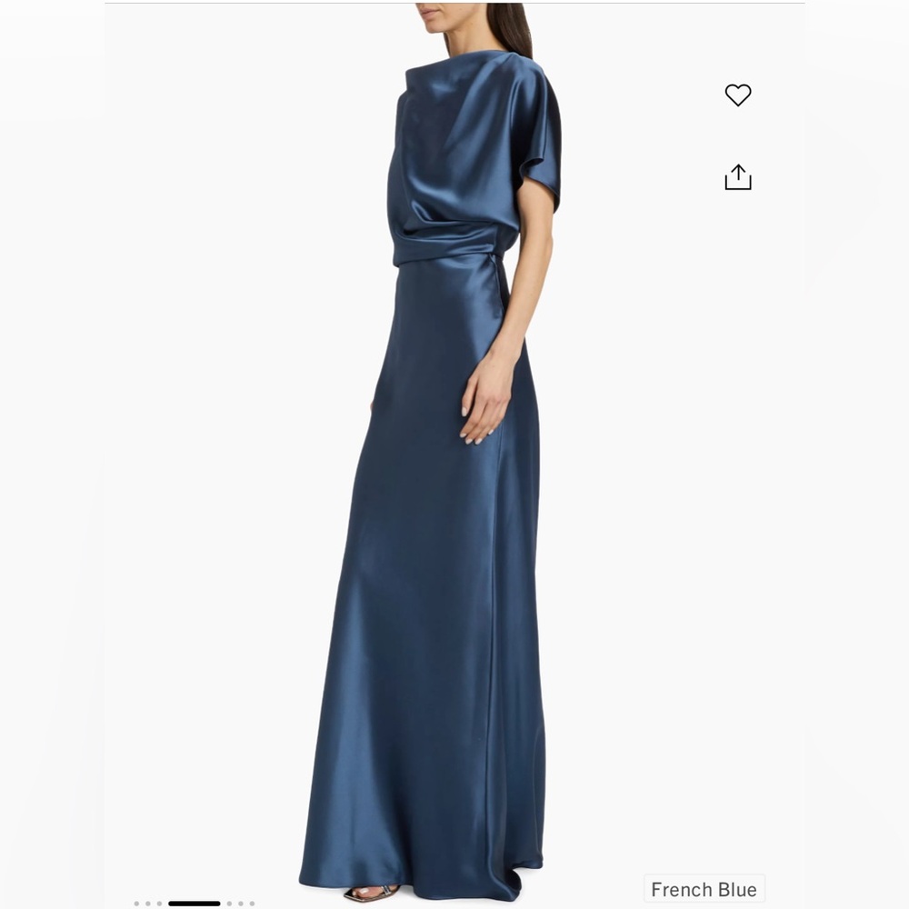 Crafted of fluid satin, this Amsale gown flaunts a cowlneck and draped bodice.